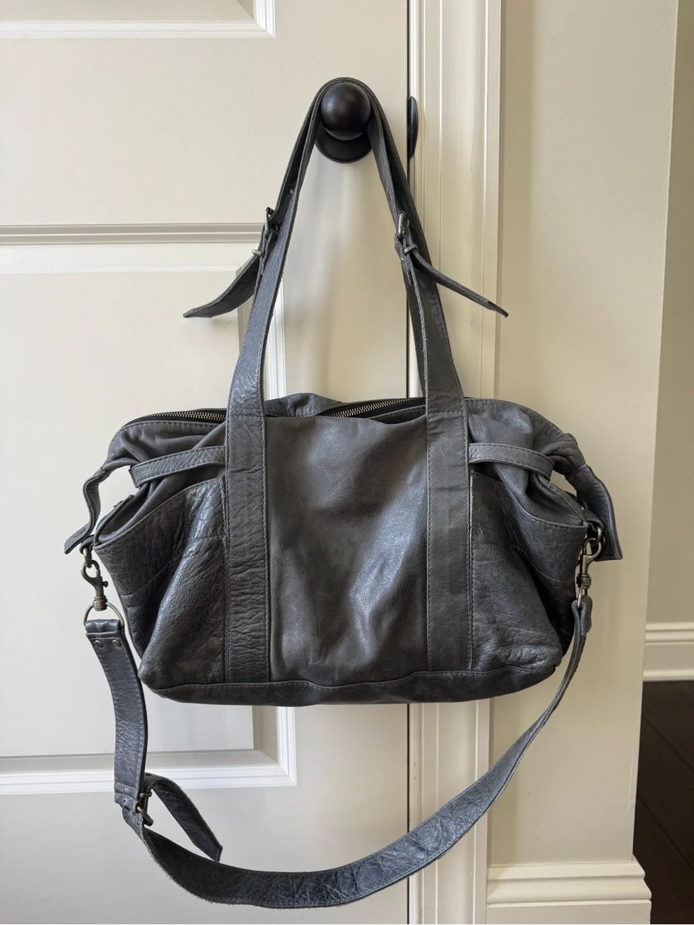 NOT RATIONAL Hansel premium distressed leather diaper bag in charcoal gray
